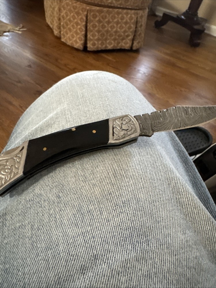 Handmade Damascus Folding Knife and Leather Case