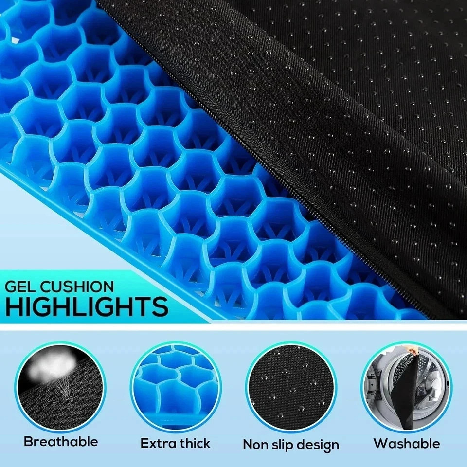 Double Thick Gel Seat Cushion with Non-Slip Cover | Breathable Comfort