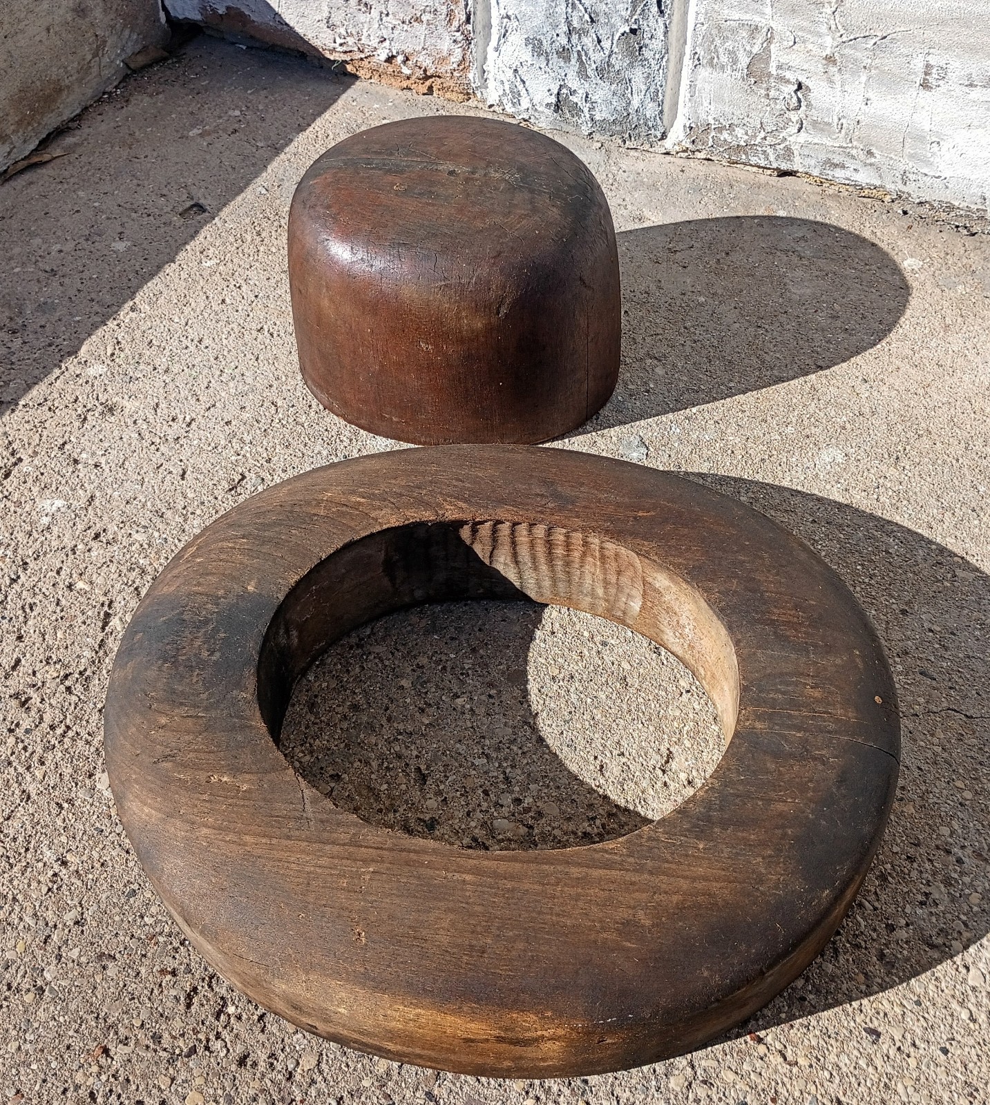 Antique Primitive Amish Solid Wood Millinery Block Dome 2 Piece Hat Form R475