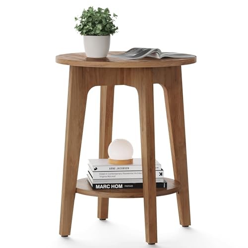 MAEZO Collection - Side Table, 2-Tier Small Round End Rustic Walnut 1 Pack