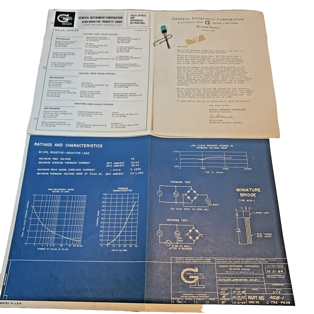 Vintage General Instruments NCB-1 Rectifier Sample w/ Ratings Sheet Sales Letter