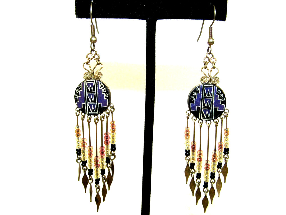 Handmade Hand Painted Boho Beaded Drop Dangle 3.5" Hook Earrings
