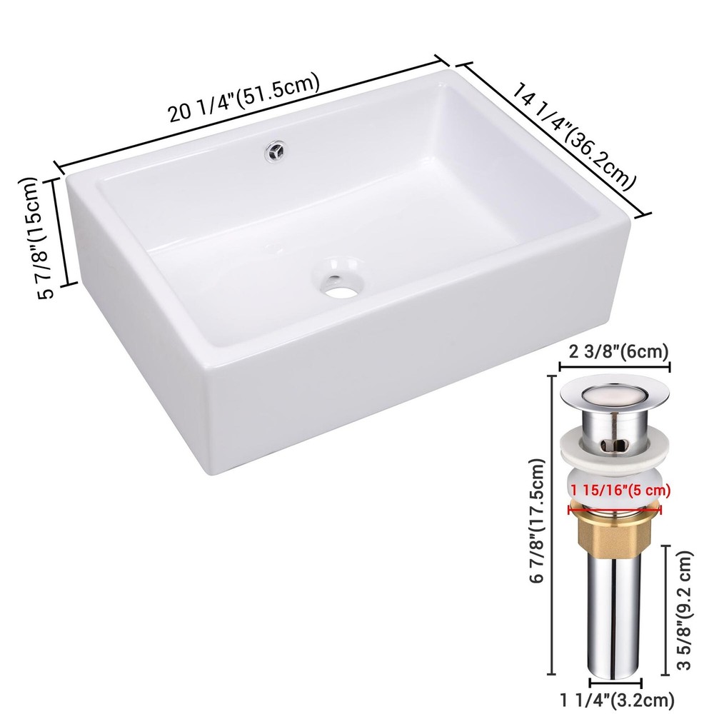 20" Rectangle Bathroom Porcelain Ceramic Sink Vanity Basin Overflow