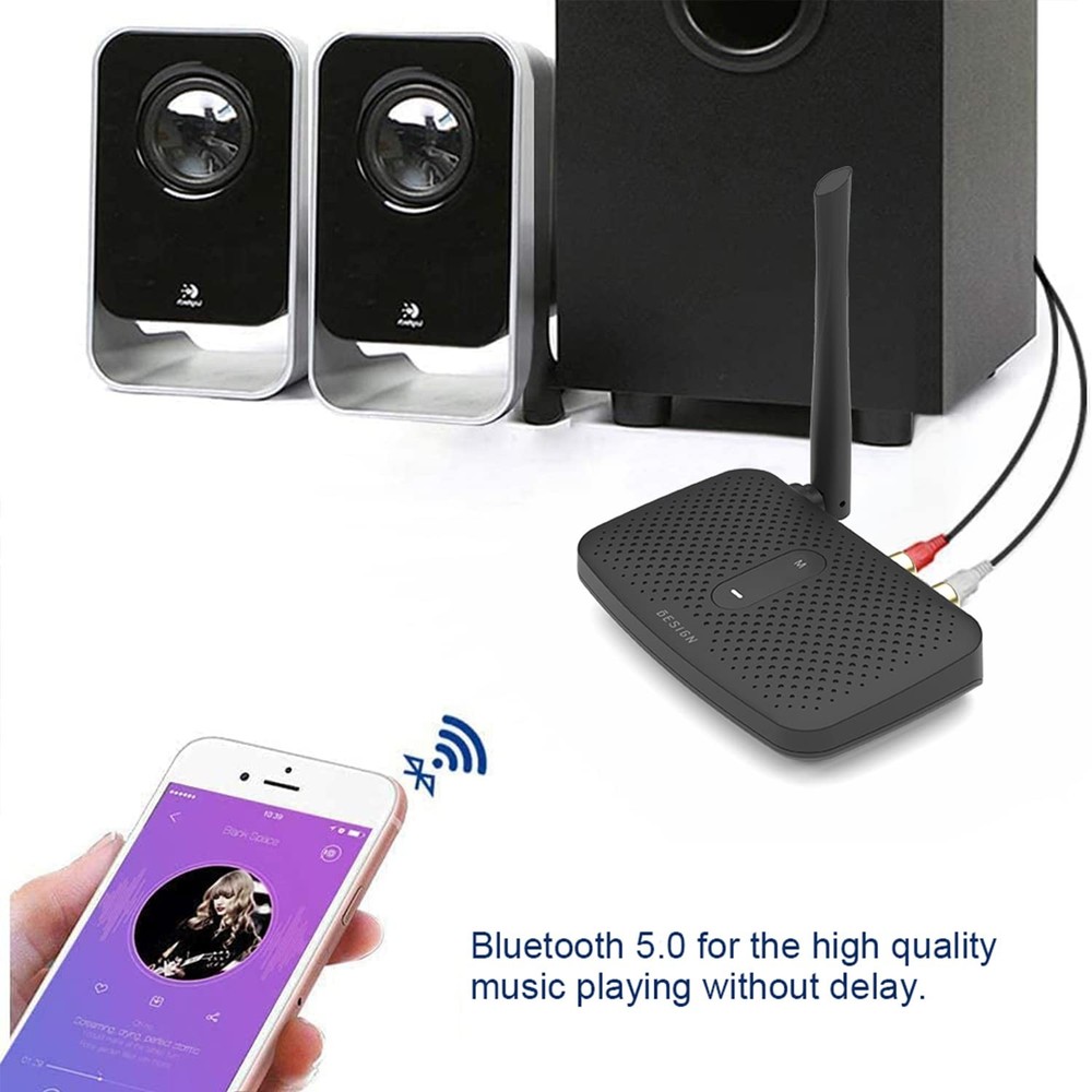 BE-RCA Pro Long Range Bluetooth Adapter for Bluetooth Music Streaming, Black