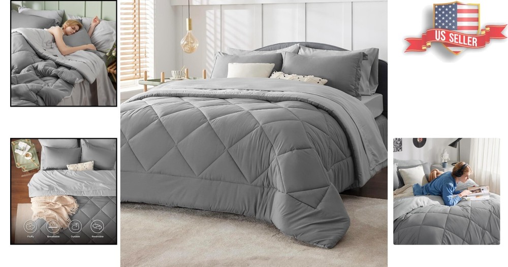 Elegant Grey Bedding Set - 7-Piece Reversible Comforter Set for Queen Size Beds