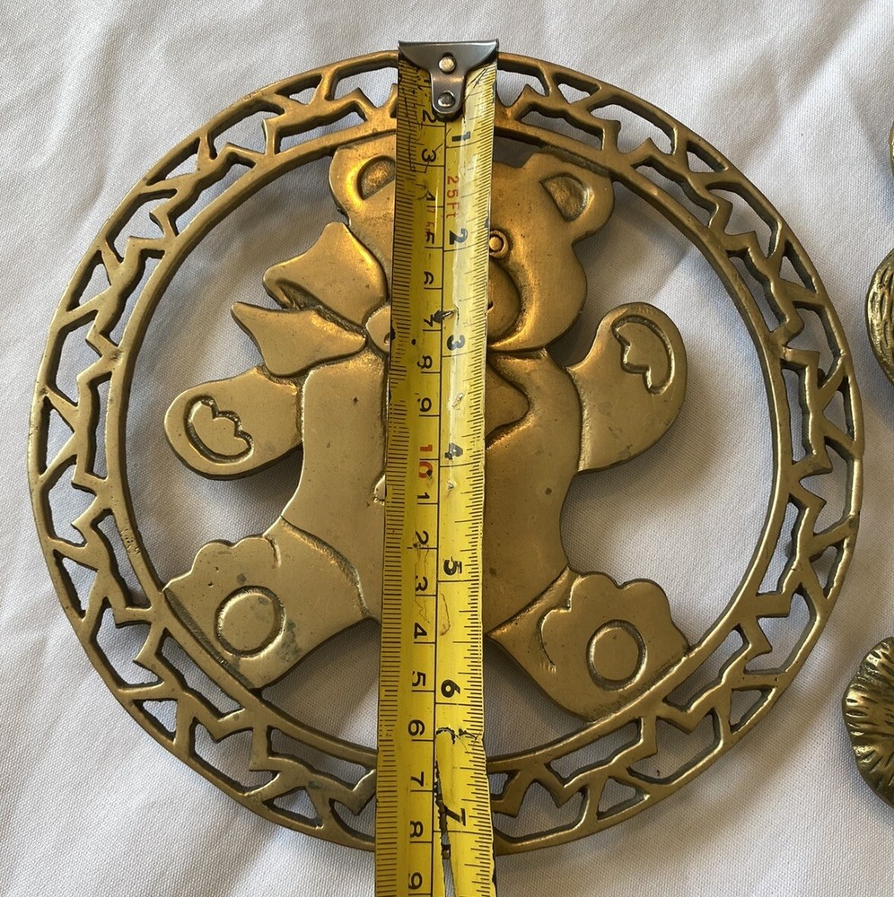 2 Vintage Solid Brass Trivets Footed Teddy Bears Gold Hanging Countertop