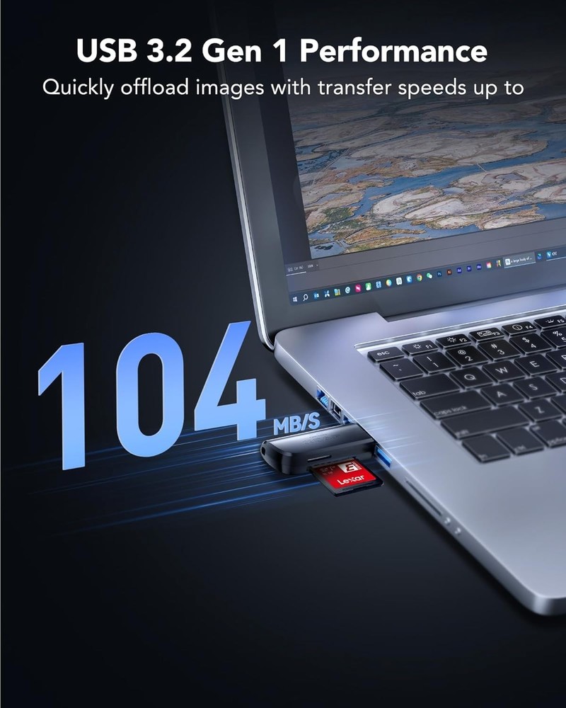 Compact USB-A Card Reader: Dual Slot for SD/MicroSD | 104MB/s Transfer Speed