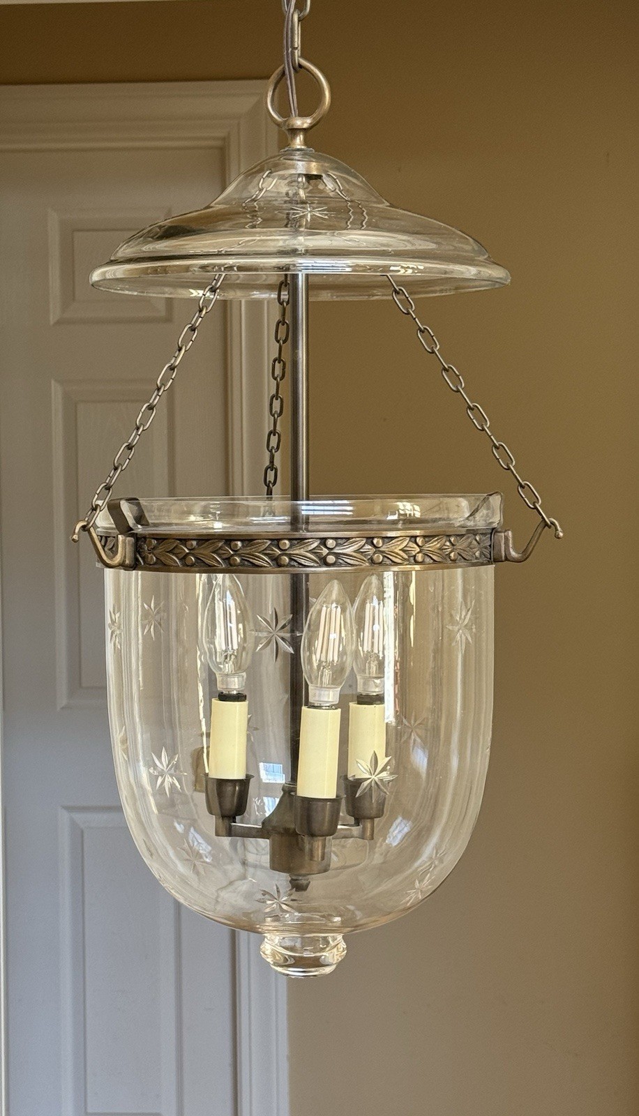 Vintage Bell Jar Lantern Etched Stars 3 Light Chandelier Ceiling Light