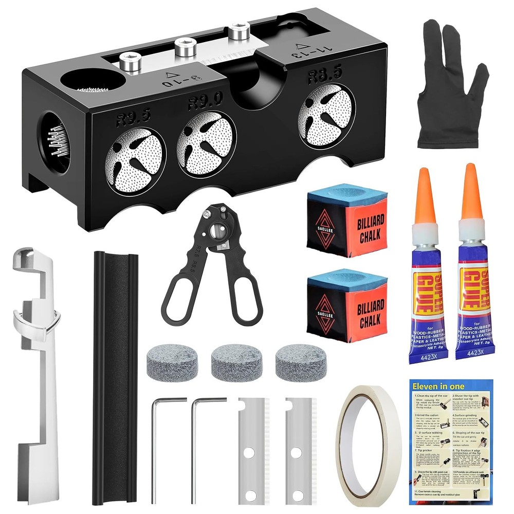 Billiards Pool Cue Tip Shaper, 11-in-1 Pool Stick Tips Replacement Kit, Billi...