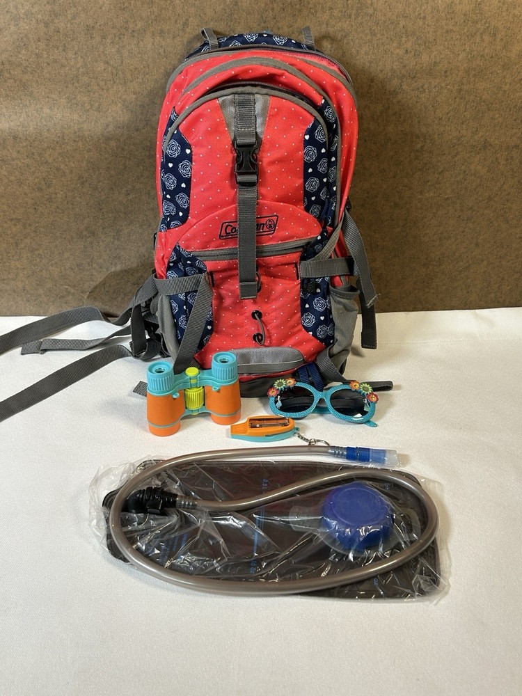 Coleman Hydration Backpack With Compass, Binoculars, Thermometer, Sunglasses EUC