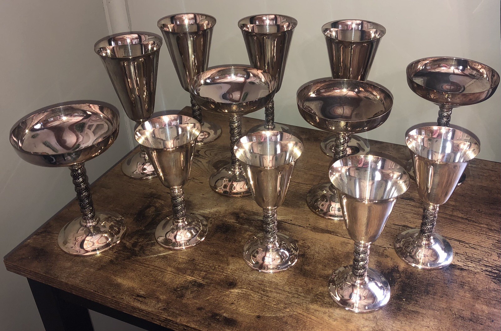 (12) Vintage Alfonso Lara Silverplate Wine Cups Goblets Spain Vine Twisted Stem