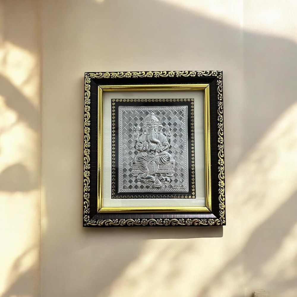 Pure Silver Lord Ganesh Frame 5x5.5 Inch Frame Tabletop Stand & Wall Mount