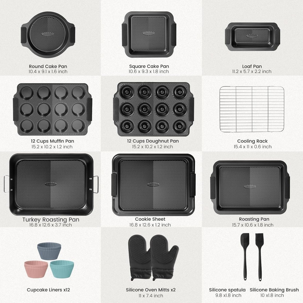 25 PCS Stackable Baking Pans Set Non-stick Bakeware Sets W/ Silicone Handles