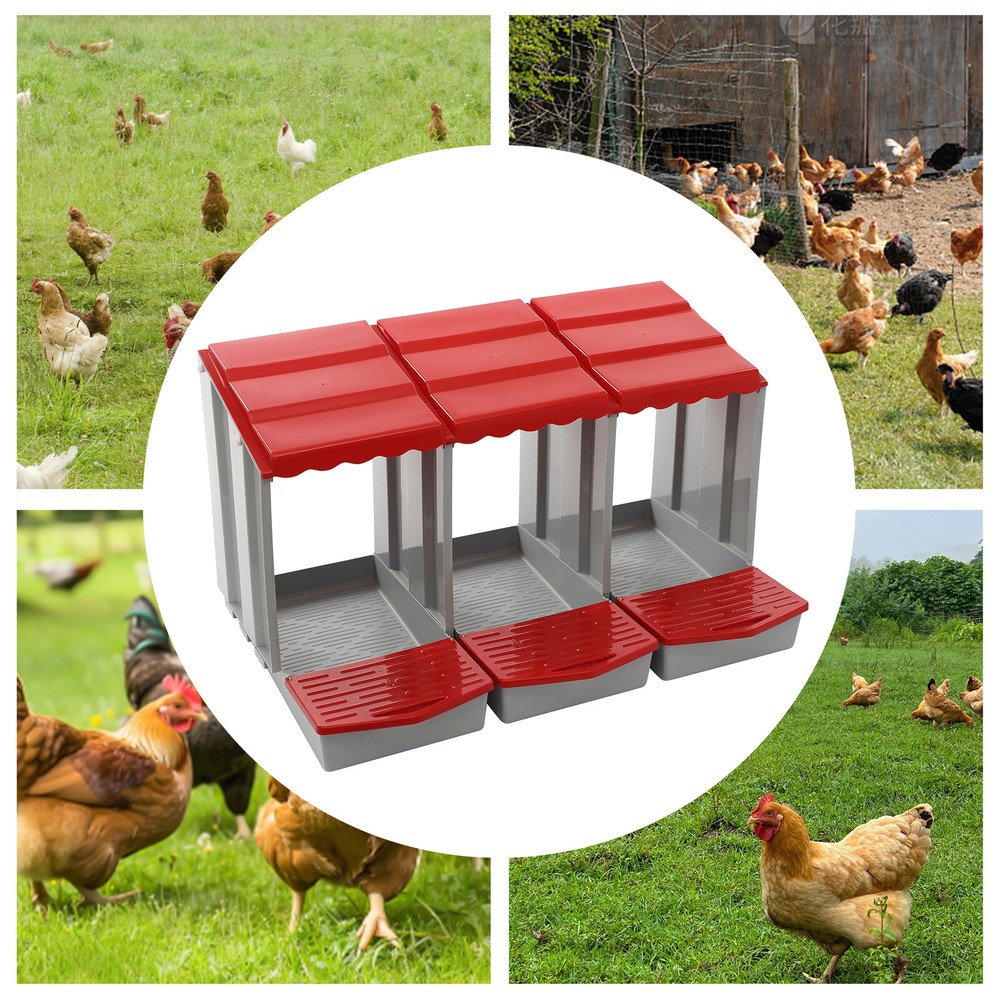 Red 3-Compartment Chicken Nesting Box Wall-mounted Rectangular Egg Collection US