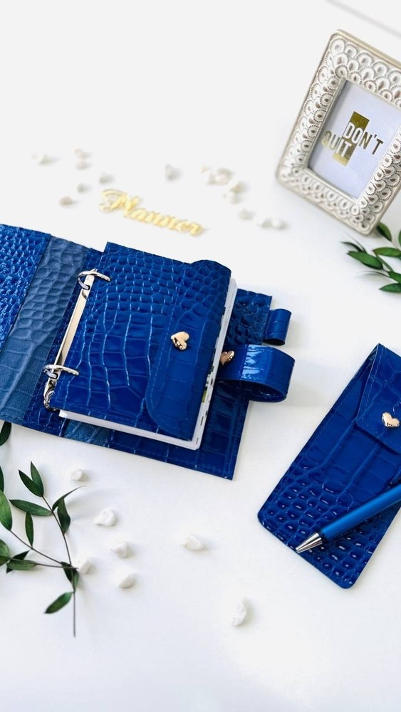 Blue handmade gift leather planner A7 & pencil/ glasses case