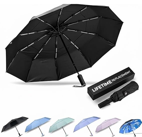 Large Windproof Travel Umbrella - Auto Open Close, Compact, Durable, Waterproof,