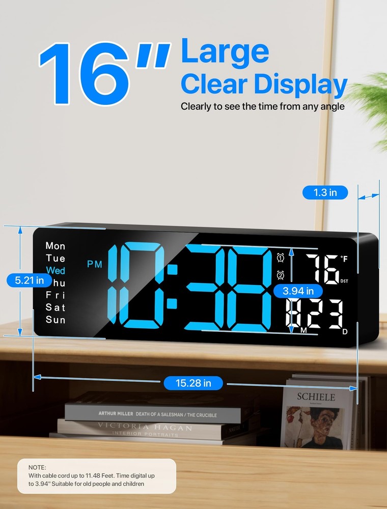 Digital Wall Clock, 16" Large Display Digital Clock with Remote Control, Auto...