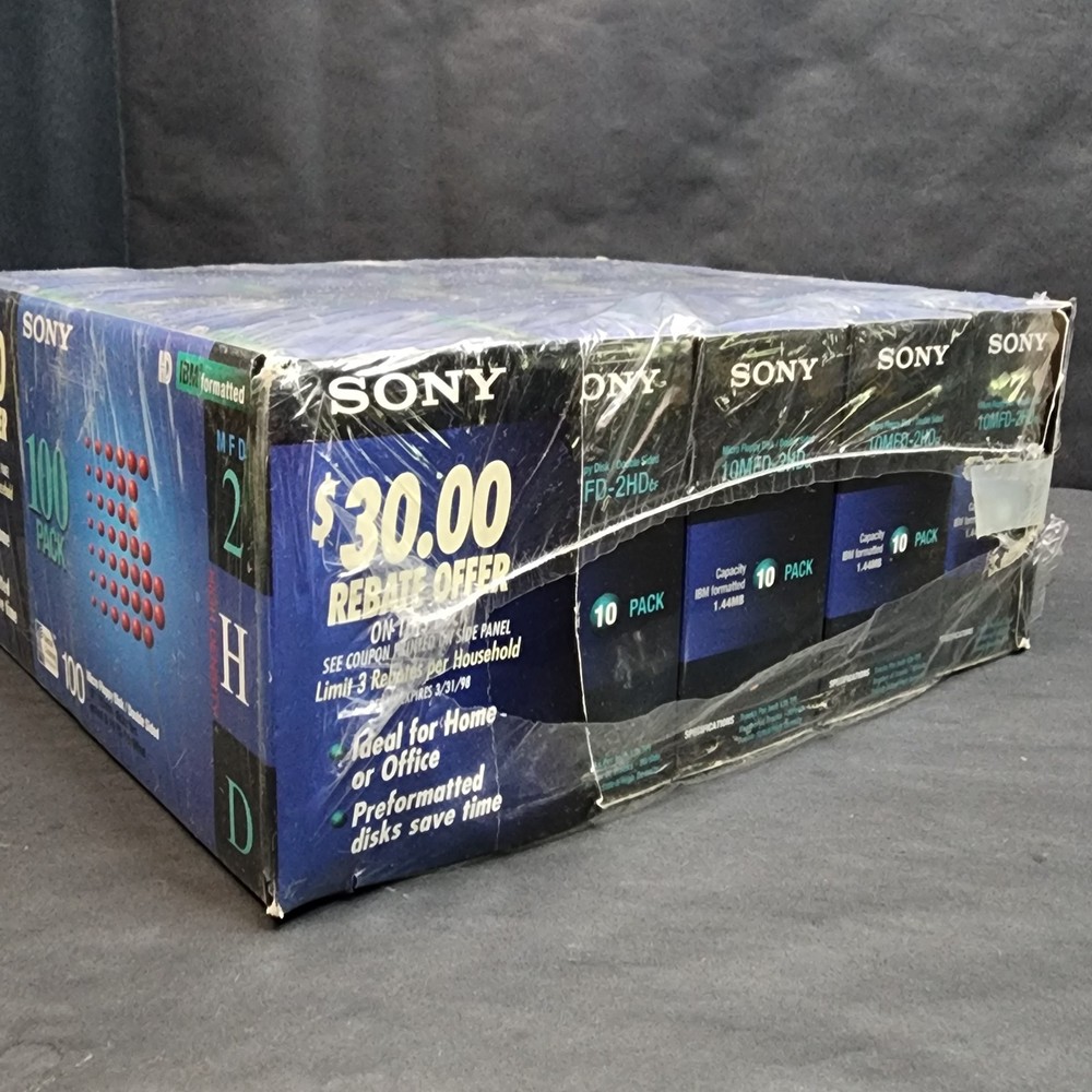 Vtg Sony 100 Pk MFD 2HD 3.5 MicroFloppy Disk NOS Retrocomputing IBM/PC Storage