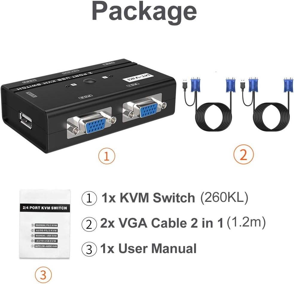 2 Port USB VGA KVM Switch for Dual Computer Use - Easy Push Button Control