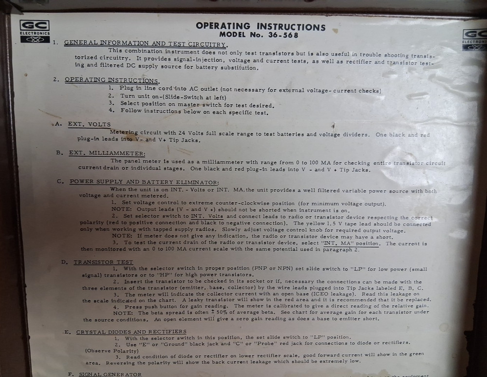 GC Electronics Model No. 36-568 Transistor Tester - Powers On -