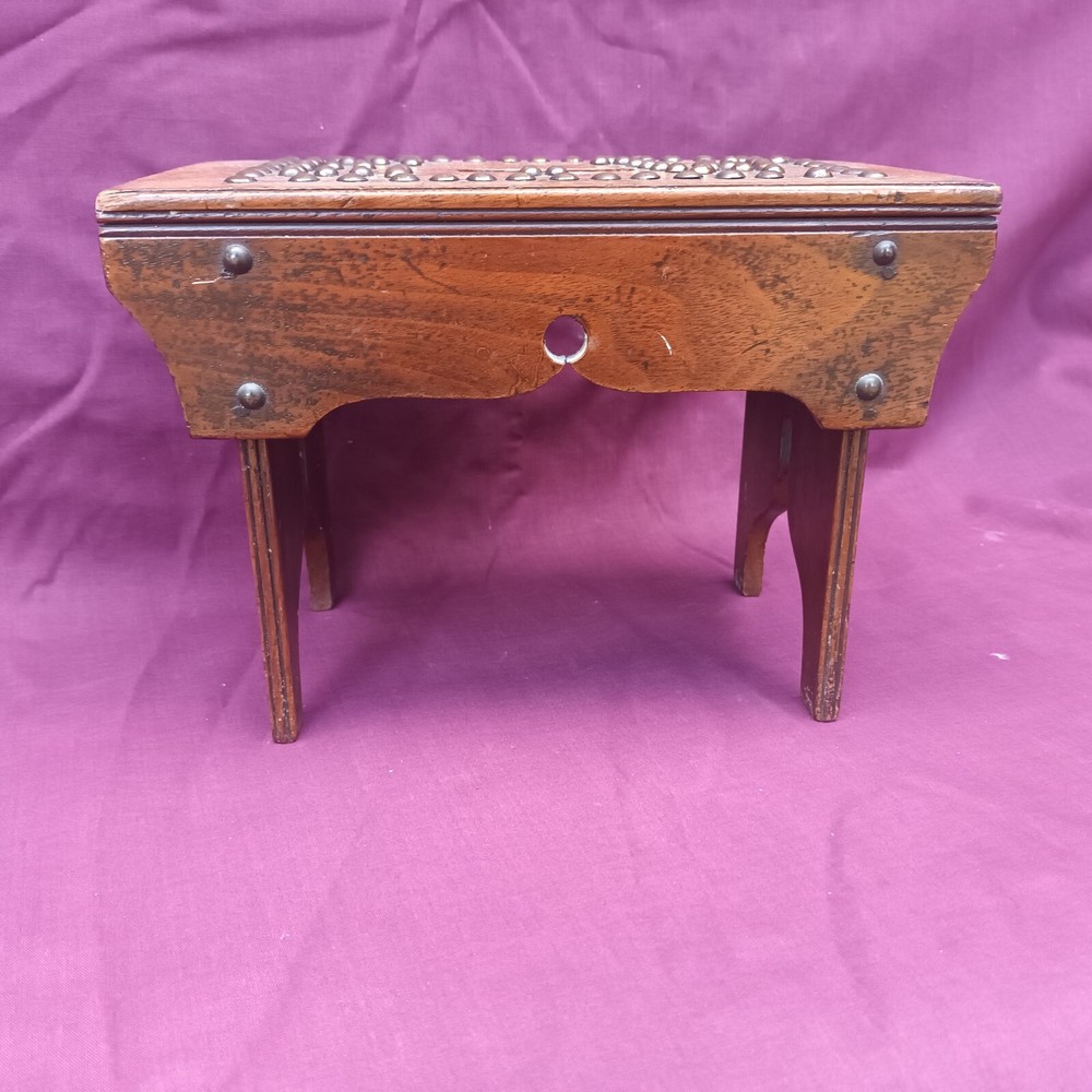 Small Antique Treen Studded Cracket style Stool marked 'E W'