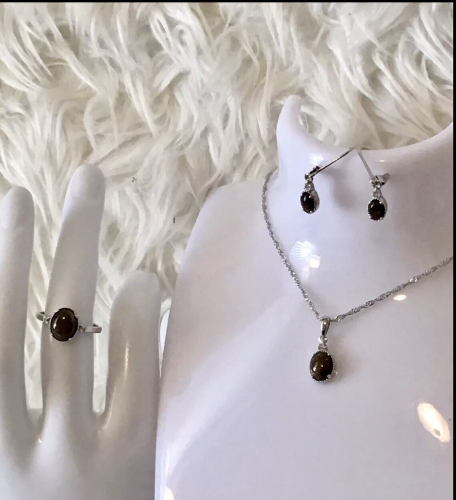 NWT Set Sunstone W Sterling Silver Dangling Earrings Adjustable Necklace & Ring