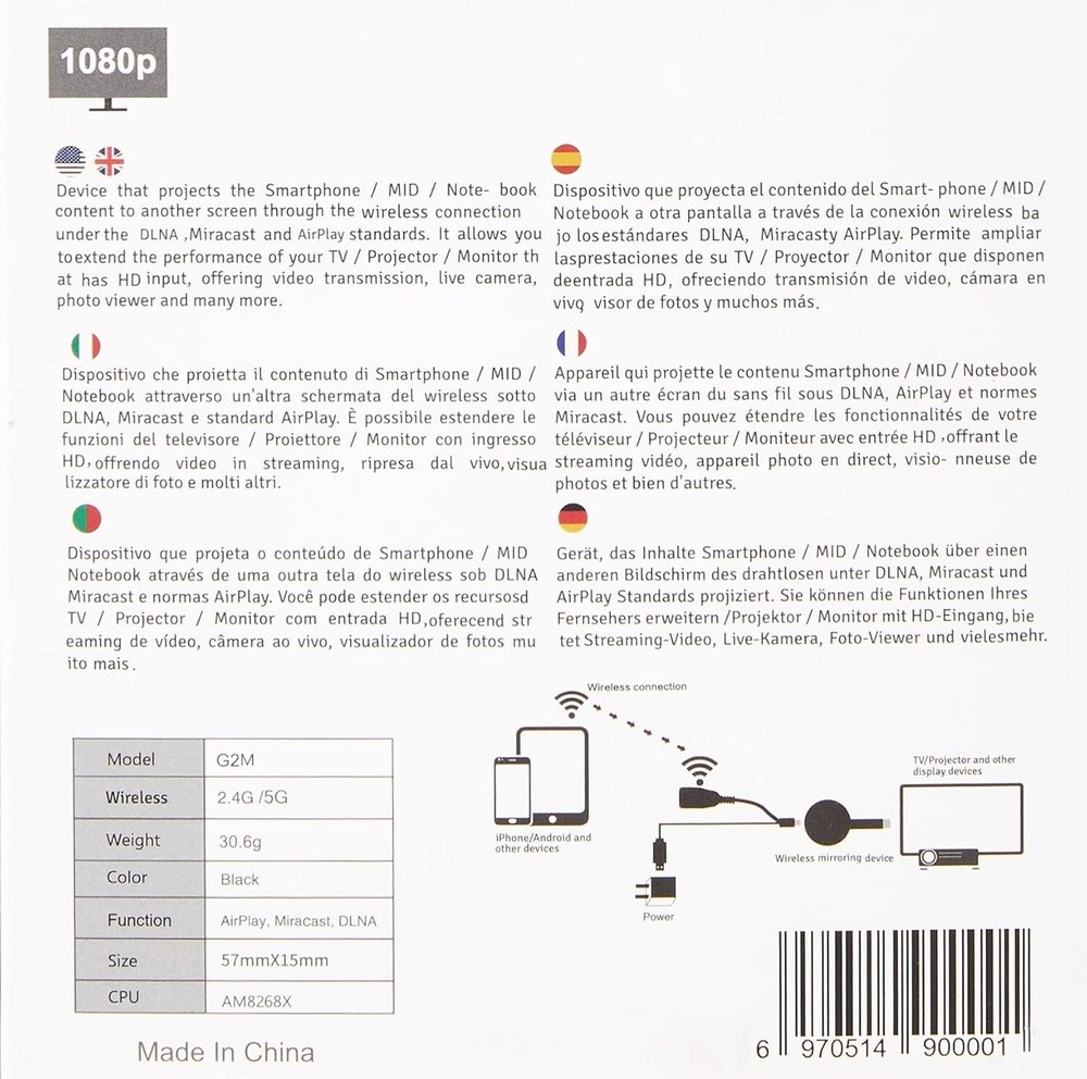 Wireless Display Adapter Mirascreen Multimedia Device, Black