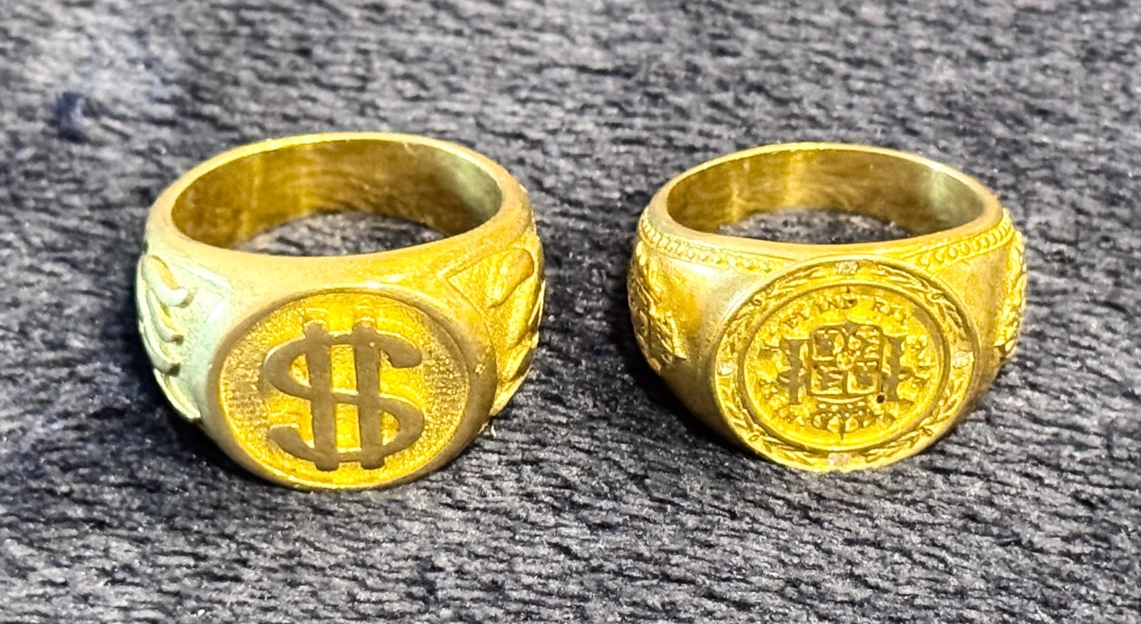 Costume Signet Style Rings - Lot of 2 - Spanish Coat of Arms & Dollar Sign