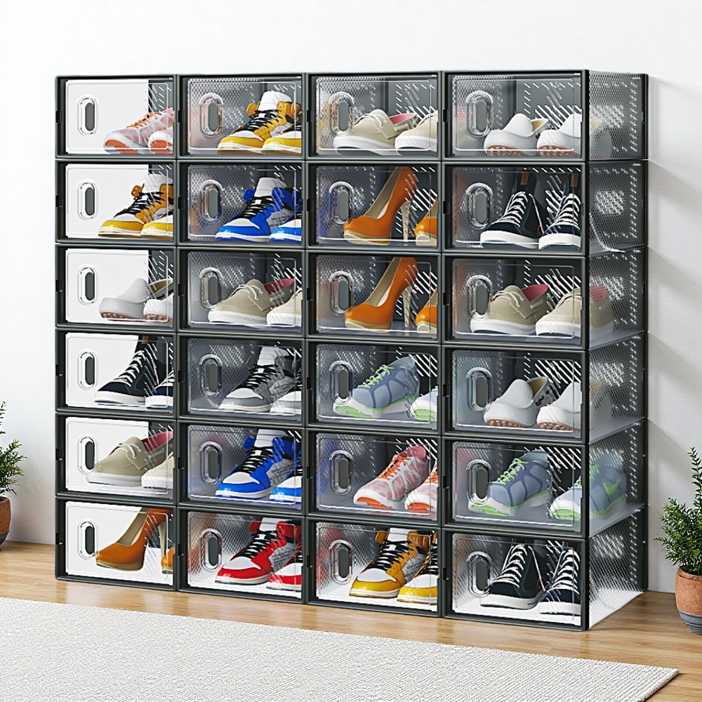 24-Pack Shoe Storage Boxes - Stackable, Door, Plastic Mesh, Black & Small Size