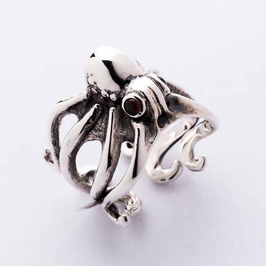 Red Eyes Sterling Silver Octopus Ring