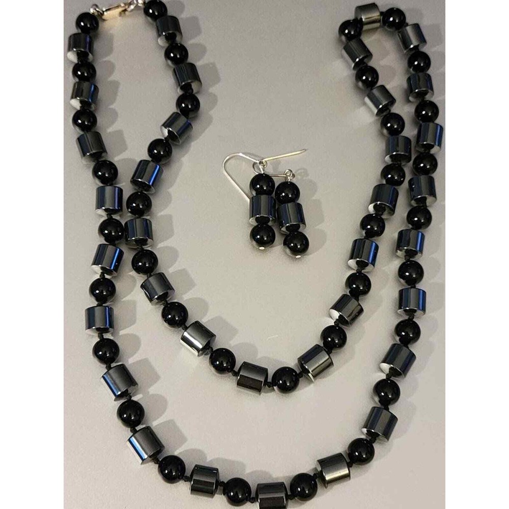 Sterling Silver Hermatite Bead Necklace & Dangle Earrings