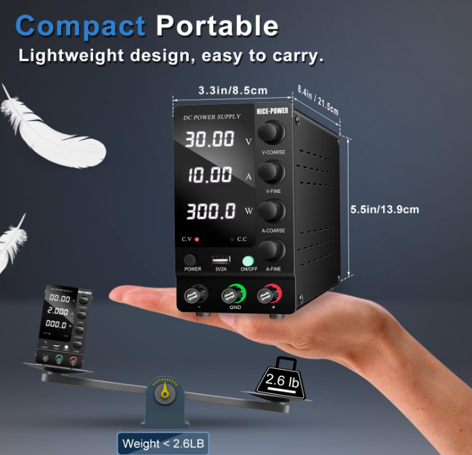 DC Power Supply Variable 30V 10A, Adjustable Switching Regulated DC Bench Power