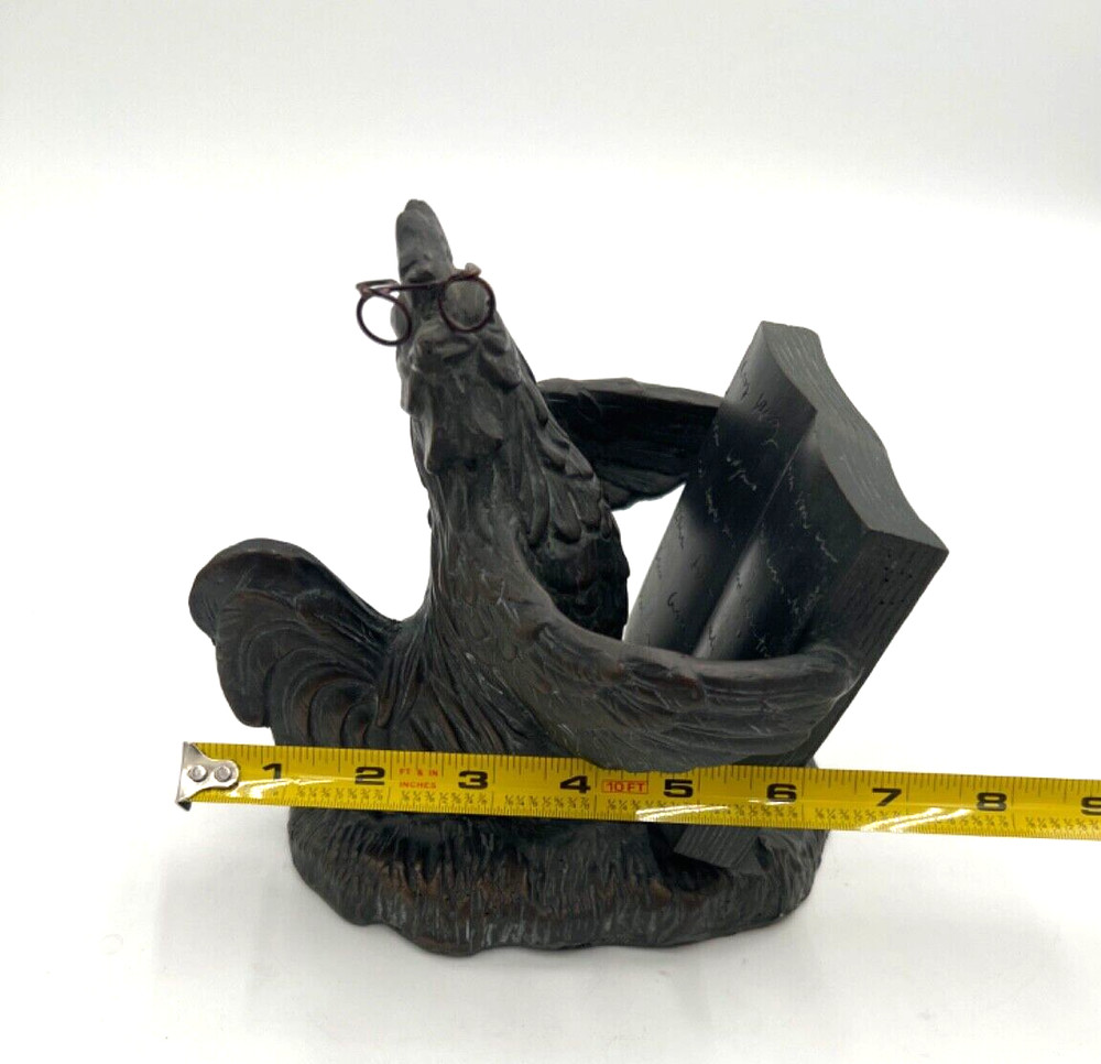 Cast Bronze Chicken Figurine Reading A Book
