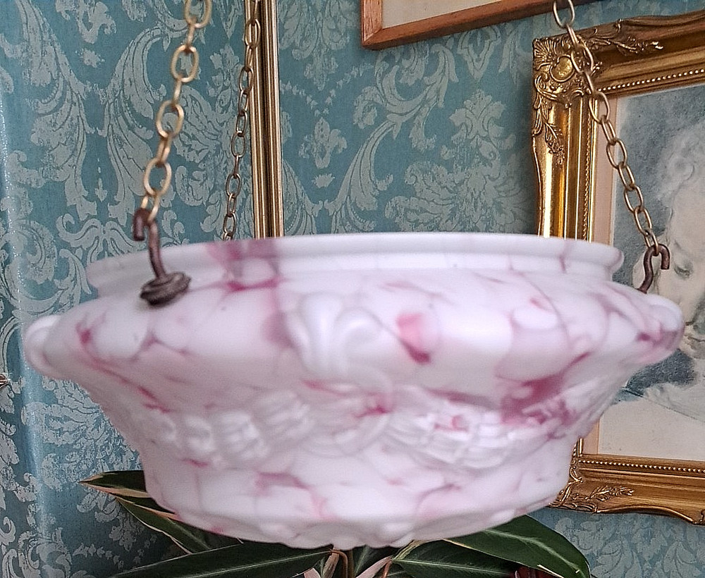 ANTIQUE FLY CATCHER CEILING LIGHT RASPBERRY PINK MARBLED GLASS SHADE & CHAINS