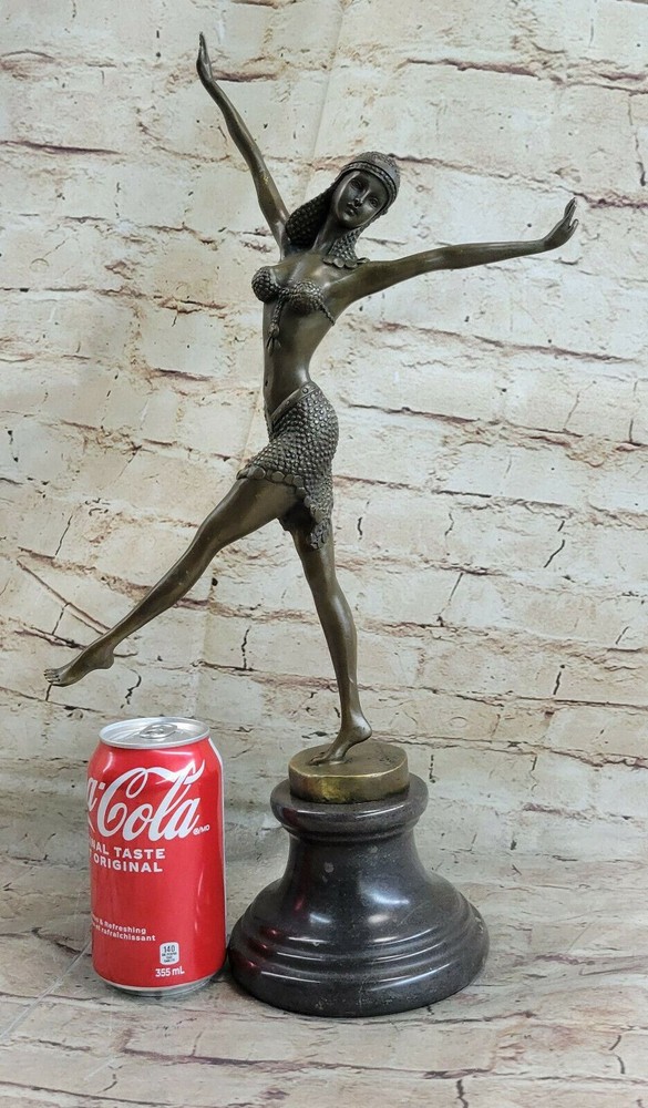 SIGNED NUDE DANCER SOLID BRONZE SCULPTURE STATUE FIGURINE FIGURE MARBLE ARTWORK