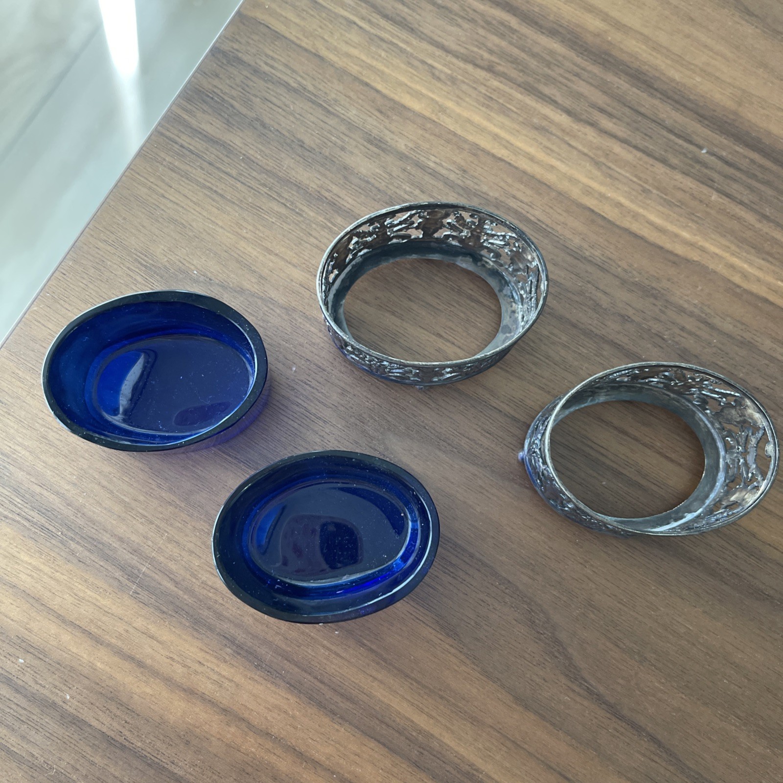 Cobalt & Silver Salt Cellars Or Dips Antique Set of 2