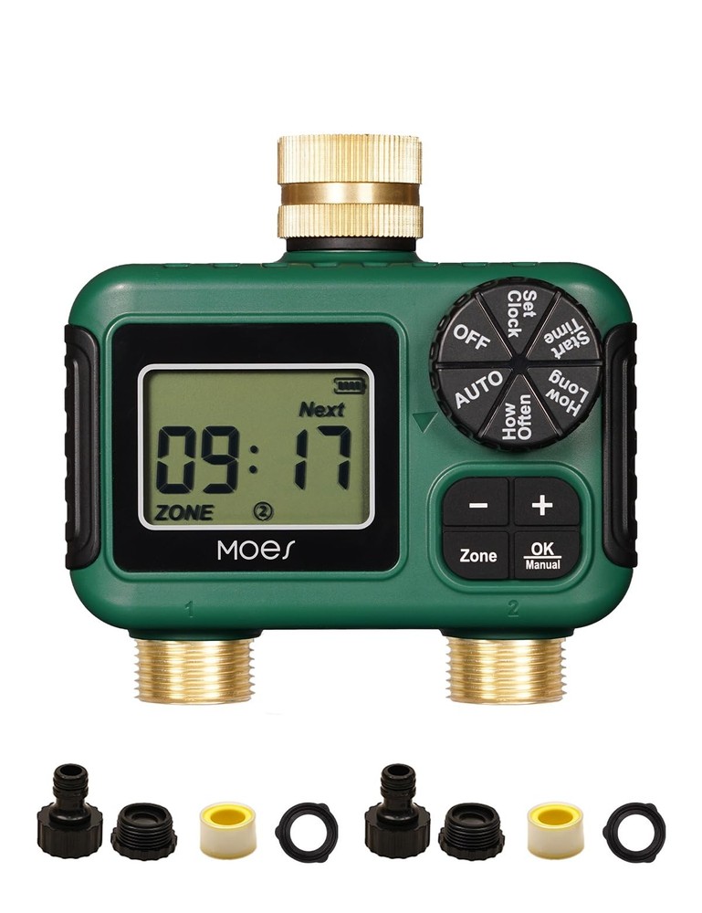 MOES 2Zone Brass Programmable Irrigation Timer with Rain Delay for Garden Hose