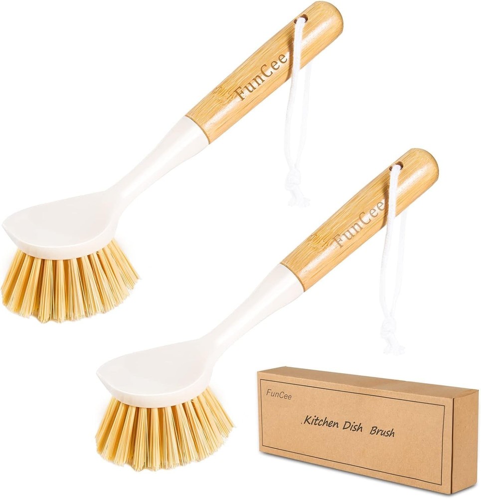2 Pack Kitchen Dish Brushes with Bamboo Handle, Dish Scrubber Built-in Scraper,