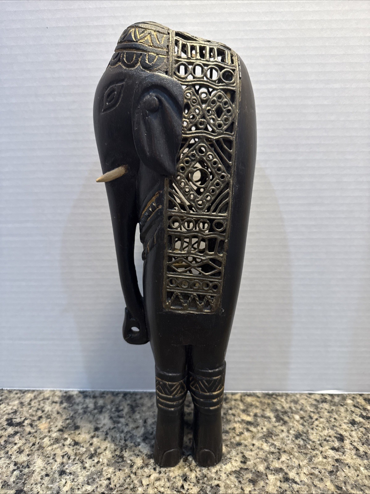 Vintage Carved Wood & Lattice Metal 12 1/2” Tall Elephant Read Description