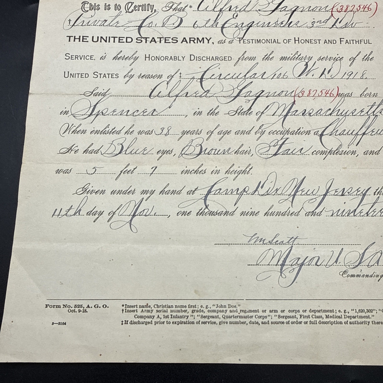 WWI 1918 3rd Infantry Division 6th Engineers Co. B Honorable Discharge Army AEF