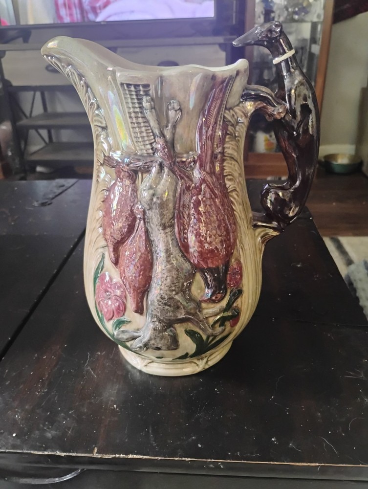 Vintage Hunting Ceramic Pitcher With Greyhound Handle Tiny Chip On Base
