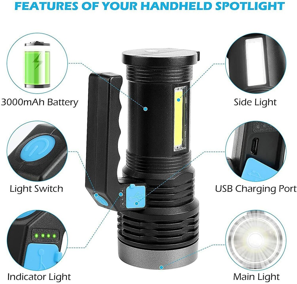 High Powered LED Flashlight Super Bright Torch USB Rechargeable Lamp