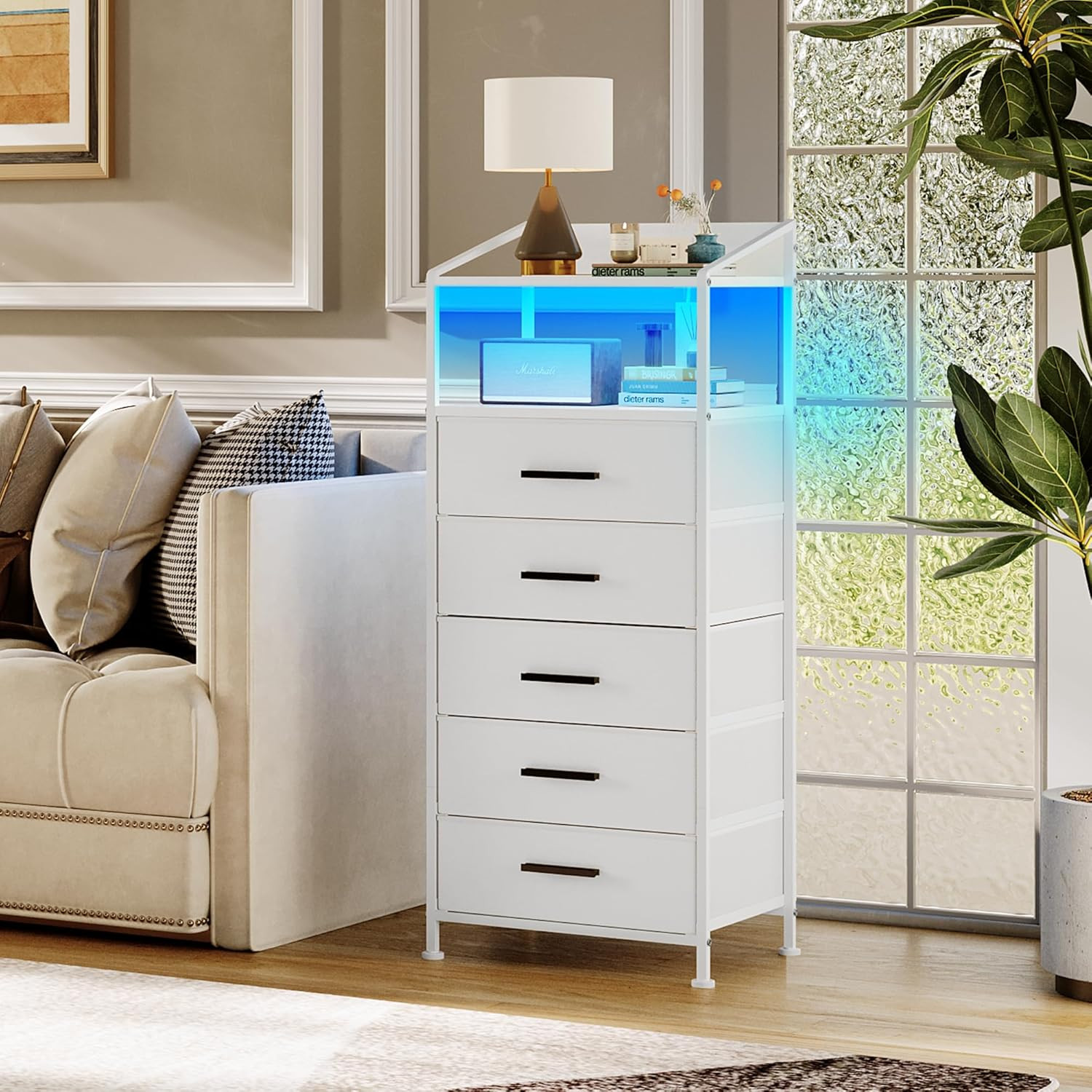 Nightstand 5 Drawer Dresser with LED Lights and Charging Station, Vertical Side