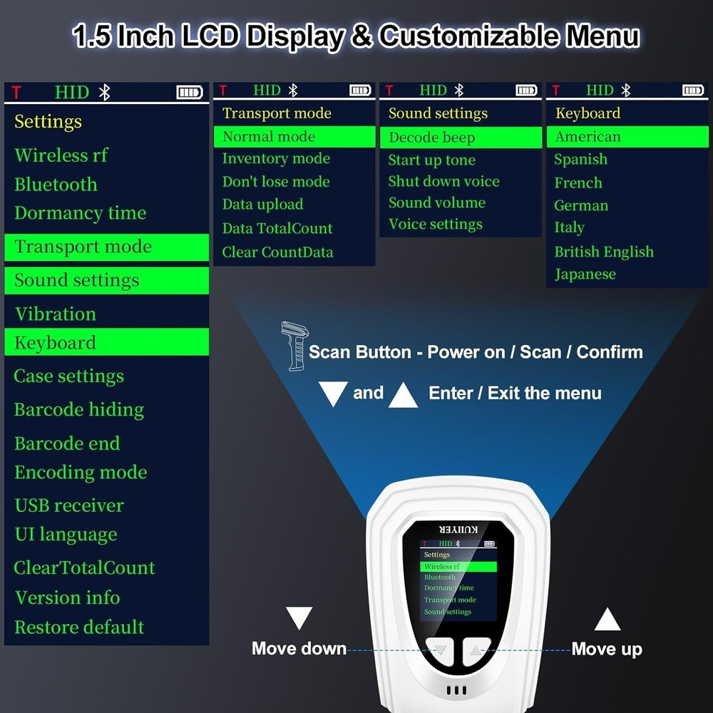 1D QR 2D Barcode Scanner Bluetooth Wireless Bar Code Scanner w/LCD Screen Voice