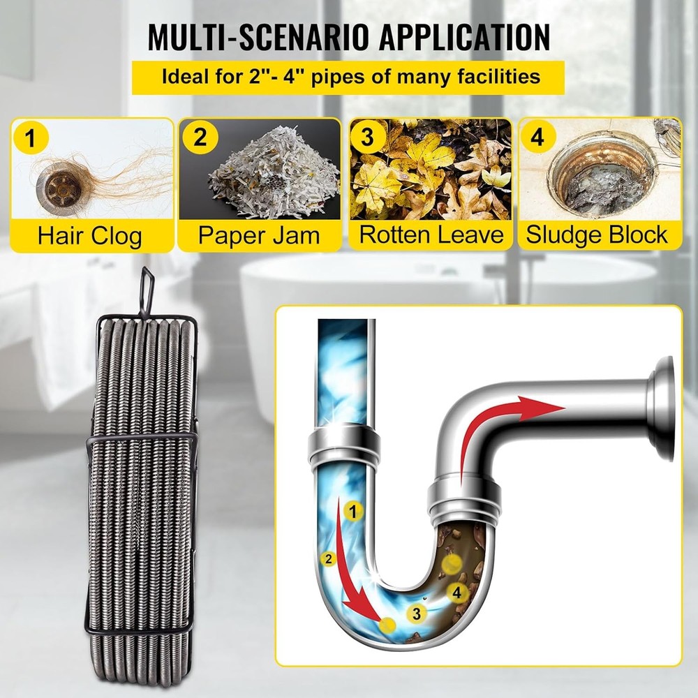 Drain Cleaning Cable 50ft x 3/8in Solid Core Sewer Drain Auger Snake
