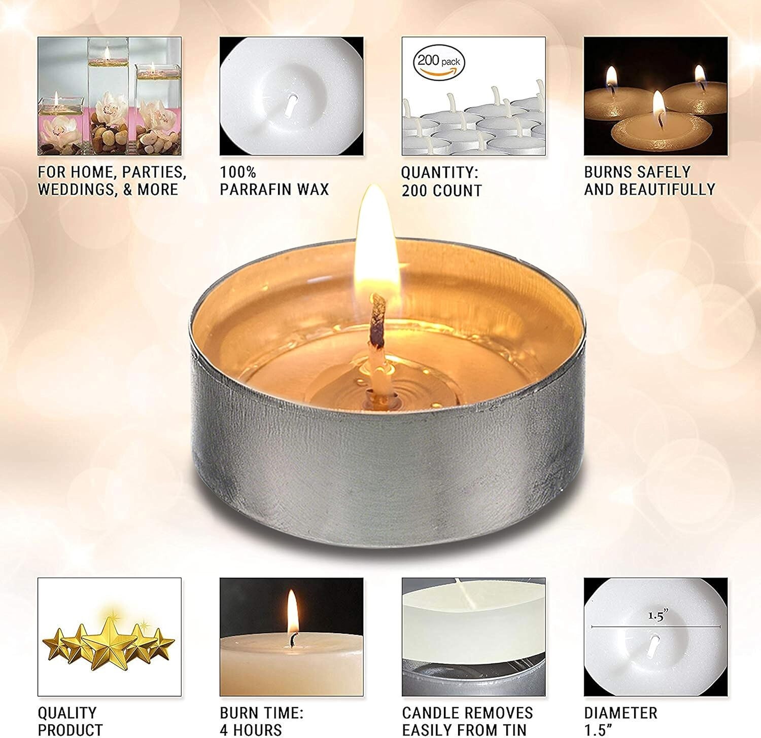 Long Burning 4-5 Hour Unscented Tea Light Candles, White, Bulk 200 pcs or 100 Pc