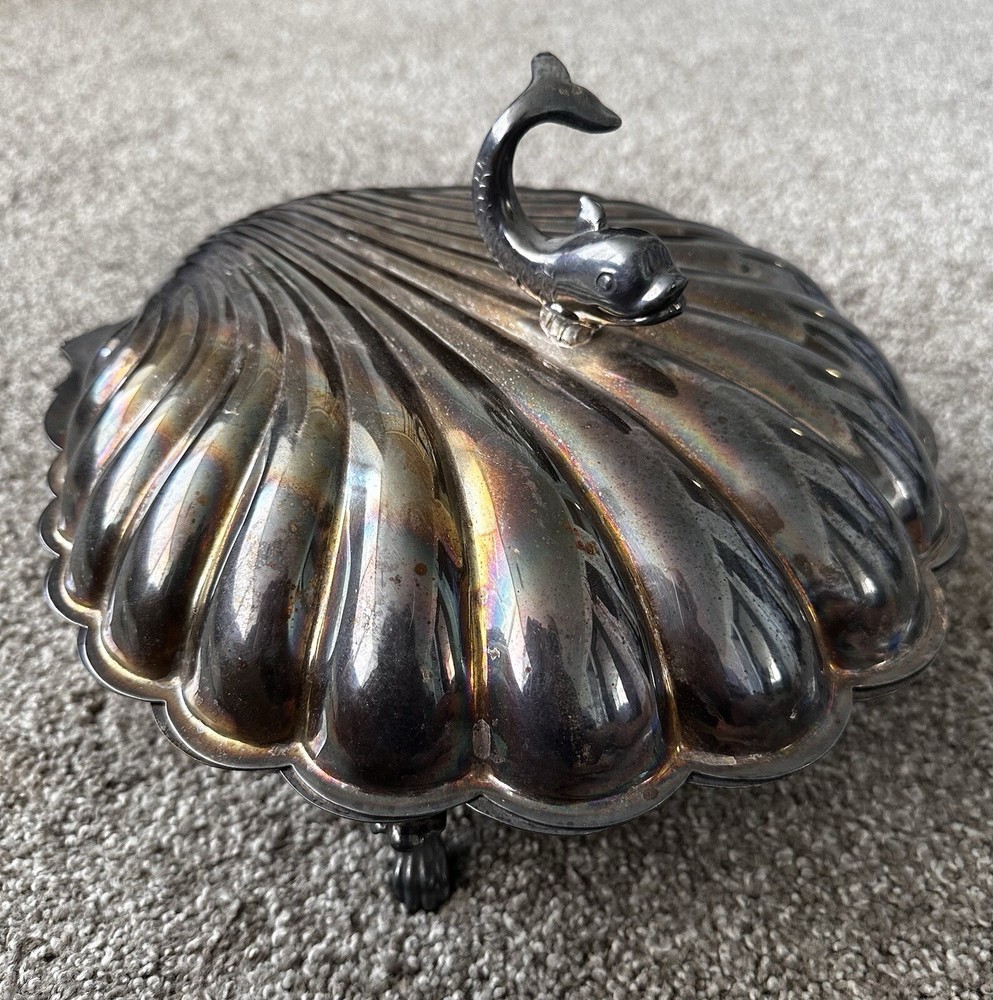 Vintage Eton Dolphin Handle Clam Shell Silver Plated Electrified BunWarmer