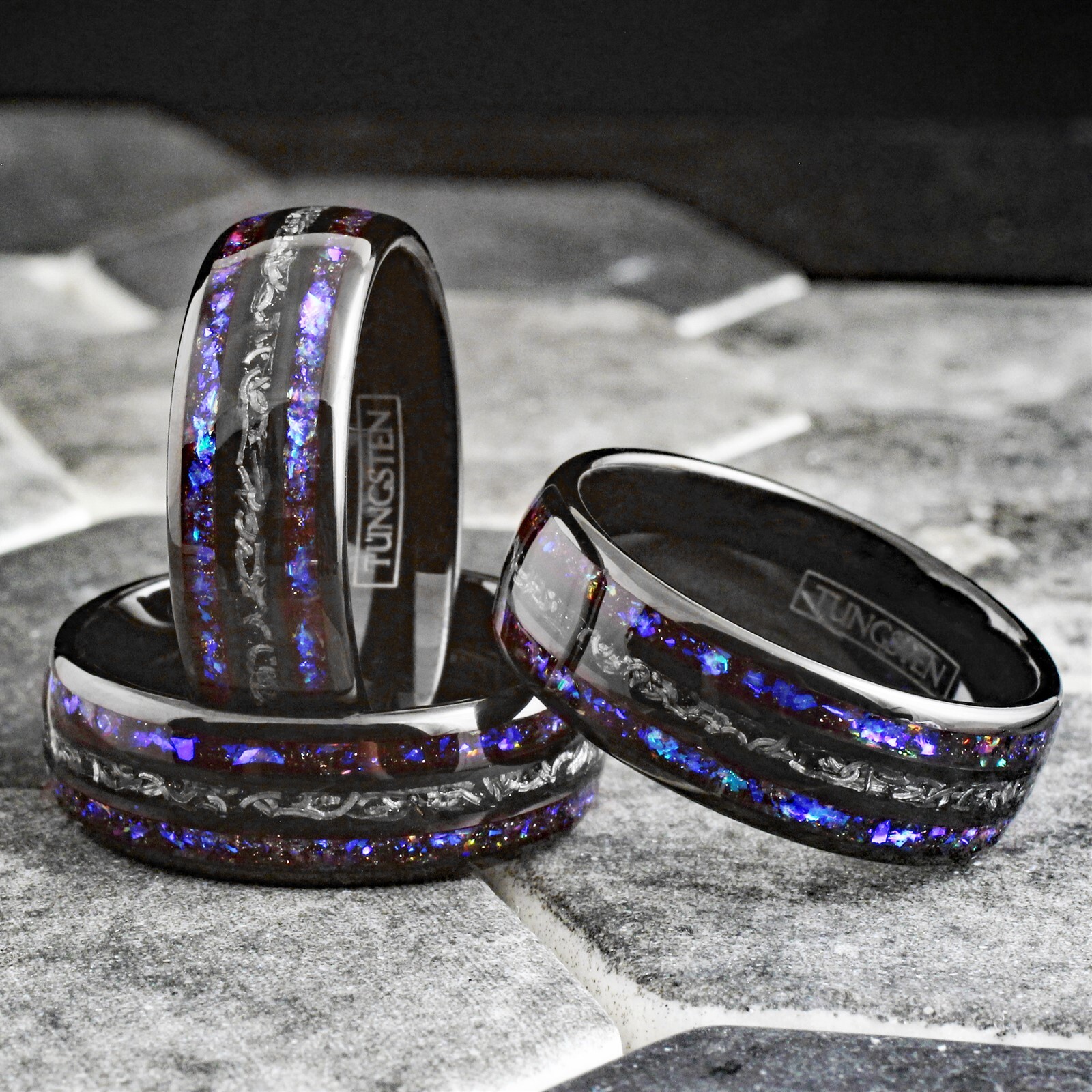 Black Tungsten Carbide Ring Blue Sandstone & Meteorite Space Galaxy Wedding Band