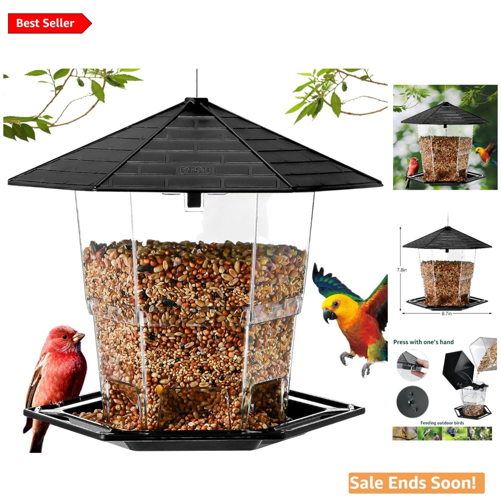 Squirrel Proof Hanging Bird Feeder with 360° Perch & Easy-Refill Top - Black