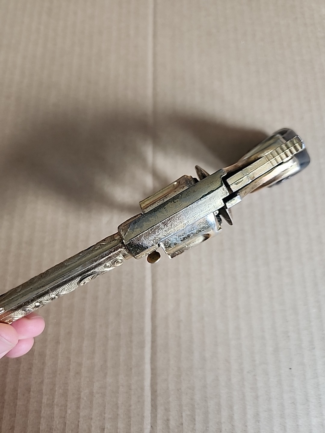 VINTAGE KILGORE BRONCO GOLD PLATED CAP GUN WITH BLACK GRIPS - 1950's WORKING